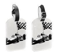 2Pcs Travel Cruise Luggage Tags, Racing Car with Finish Checkered Flag PU Leather Suitcase Identifiers Privacy Cover Name ID Label for Women Kids Girls Baggage