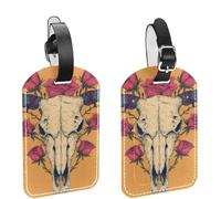 2Pcs Travel Cruise Luggage Tags, Retro Western Vintage Cow Skull with Rose PU Leather Suitcase Identifiers Privacy Cover Name ID Label for Women Kids Girls Baggage