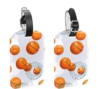 2Pcs Travel Cruise Luggage Tags, Seamless Orange Balls and Basket Hoops PU Leather Suitcase Identifiers Privacy Cover Name ID Label for Women Kids Girls Baggage