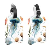 2Pcs Travel Cruise Luggage Tags, Underwater Jellyfish Seashell Coral and Starfish PU Leather Suitcase Identifiers Privacy Cover Name ID Label for Women Kids Girls Baggage