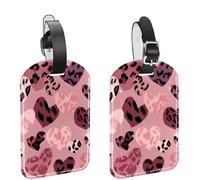 2Pcs Travel Cruise Luggage Tags, Valentine's Day Seamless Pink Heart Leopard Print PU Leather Suitcase Identifiers Privacy Cover Name ID Label for Women Kids Girls Baggage