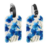 2Pcs Travel Cruise Luggage Tags, Vintage Blue Flowers with Green Stems PU Leather Suitcase Identifiers Privacy Cover Name ID Label for Women Kids Girls Baggage