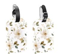 2Pcs Travel Cruise Luggage Tags, Vintage Style White Flowers PU Leather Suitcase Identifiers Privacy Cover Name ID Label for Women Kids Girls Baggage