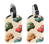 2Pcs Travel Cruise Luggage Tags, Watercolor Cute Toy Cars Beige Background PU Leather Suitcase Identifiers Privacy Cover Name ID Label for Women Kids Girls Baggage