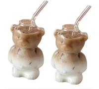 2PCS Trending Glass Cup Set with Straw Cute Cartoon Multi-use for Coffee Juice Milk Tea Viral Social Media Style