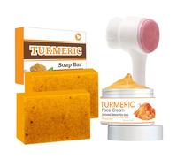 2PCS Turmeric Soap Bar with Cream and Brush - Natural Kojic Acid, Collagen, Vitamin C, Dark Spot Remover for Even Skin Tone, Acne, Dark Spots, Smooth Skin