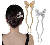 2PCS U Shaped French Twist Metal Hair Pins for Women,Vintage Butterfly Silver Gold Hairpins,Large 2 Prong Long Hair Forks for Long Thick Thin Hair,Rhinestone Hair Sticks for Bun Updo Chignon