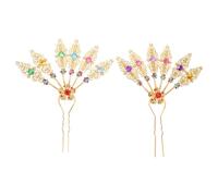 2pcs U Shaped Hair Fork Golden Metal Leaf Rhinestone Hairpin | Vintage Ethnic Styling, for Special Occasions and Parties, Suitable for Women