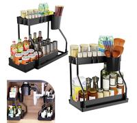 2Pcs Under Sink Storage Organizers with Hanging Hooks, 2 Tier Pull Out Drawers Cabinet Organiser Kitchen Rack, Layered Finishing Seasoning Cupboards Organizers Shelf for Bathroom Laundry Room (Black)