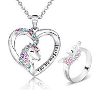 2PCS Unicorn Necklace & Ring for Women & Girls, CZ Stone Heart Pendant, Magical Unicorn Jewelry Gift for Daughter, Granddaughter or Niece, Fit for Christmas or Birthday Party