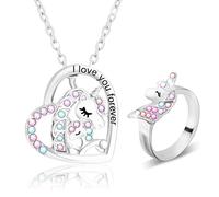 2PCS, Unicorn Necklace Unicorn Ring for Women Girls, CZ Stone Heart Pendant Necklace, Lucky Unicorn Jewelry Gift for Mothers Daughter Sister Granddaughter Teenage Girls, fit Christmas Birthday Party