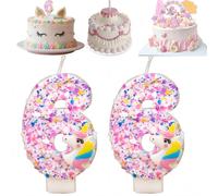 2PCS Unicorn Number Candle,Happy 6th Birthday Pink Candle,Birthday Cake Candles for Party,Pink Glittering Cute Cake Accessories,Unicorn Party & Cake Decorations for Anniversary,Exquisite,Glittering