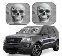 2pcs Universal Fit Windshield Sunshade - Foldable Car Front Window Sun Visor for Auto, Large Sedan, Truck, SUV White and Gray Skull Graphics