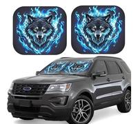 2pcs Universal Fit Windshield Sunshade - Foldable Car Front Window Sun Visor for Auto, Medium Sedan, Truck, SUV Wolf Head in Blue Flames