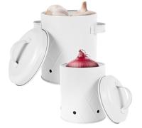 2PCS Vegetable Storage Tins, 2 Sizes Carbon Steel Onion Potato Containers Set Kitchen Keeper Canisters, Garlic Storage Bin with Aerating Holes and Lid Keeps Vegetables Fresh(white)