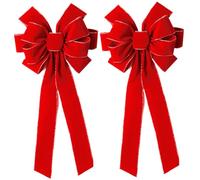 2Pcs Velvet Christmas Bows 10x26" Large Red Bows with Glitter Gold Edge Unique Decorative Velvet for Christmas Tree, Wreath, Window, Door, Wall, Stair, Fence