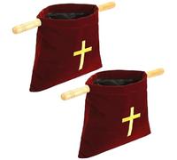 2PCS Velvet Church Offering Bag, Embroidered Cross Bible Bags with Wood Handles, Religious Offering Pouchs for Churches Communion Supplies, Red