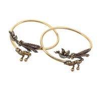 2pcs Vintage Brass Bangle Bracelet Adjustable Open Cuff with Pendant | Traditional Chinese Retro Boho Style, Golden Finish, Lightweight Ergonomic Fit, Wear and Oxidation Resistant
