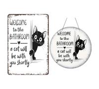 2Pcs Vintage Cat Bathroom Decor Signs - "Welcome To The Bathroom A Cat Will Be With You Shortly", Funny Black & White Cats Bathroom Sign for Restroom Art Wall Decor