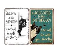 2Pcs Vintage Cat Bathroom Decor Signs - "Welcome To The Bathroom A Cat Will Be With You Shortly", Funny Black & White Cats Bathroom Sign for Restroom Art Wall Decor