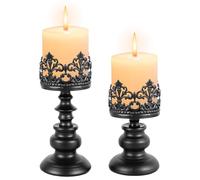 2pcs Vintage Distressed Black Hurricane Candle Holders,16.5cm 20cm Iron Candle Holder with Openwork Pattern and Metallic Pedestal Decor for Dining Rooms Wedding Party Home Fireplace Mantel