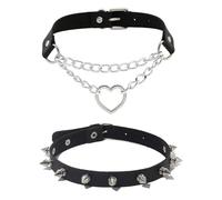 2PCS Vintage Gothic Punk Choker Set, Black Spiked Studded PU Leather Choker Necklace, Hollow Heart O Ring Adjustable Leather Collar, Unisex Fashion Accessory for Women Men Party Cosplay Rock Concert