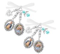 2Pcs Wedding Bridal Bouquet Photo Charms Silvertone Keepsake Ribbon Bow Pearl You Are Always In My Heart Personalized Memorial Pendant Customize Bridegroom DIY Picture for Memory Friend Gift