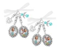 2Pcs Wedding Bridal Bouquet Photo Charms Silvertone Keepsake Ribbon Bow Pearl You Are Always In My Heart Personalized Memorial Pendant Customize Bridegroom DIY Picture for Memory Friend Gift