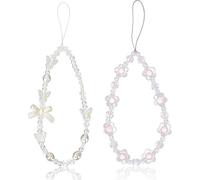 2Pcs White and PurpleBeaded Phone Bracelet Strap, Crystal Butterfly Flower Pearl Phone Beaded Wrist Strap Bracelet Lanyard For Women Phone Keychain Charm Fashion Design Cell Phones and Accessories