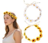 2Pcs White and Yellow Daisy Flower Headband Crown Boho Flower Headband Floral Hair Wreath Boho Headpiece for Bridal Women Girls Hippie Wedding Party Beach Festival