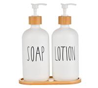 2Pcs White Bamboo Soap Dispenser with Tray, 17Oz Refillable Glass Pump Bottle for Dish Soap, Lotion, Kitchen & Bathroom Hand Dispenser