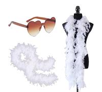 2pcs White Feather Boas & Heart Rimless Sunglasses Set,6.6ft/2M Natural Turkey Feathers Scarf 80g Party Fluffy Feather Boa Fancy Dress for Girls Women Dancing Party Halloween Xmax Party Costume