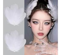 2pcs White Pearl Ostrich Hair Clip White Swan Feather Hair Pins Ballet Style Accessories for Women Girls Bride Wedding Engagement Birthday Christmas Valentine Stage Performance Headpiece