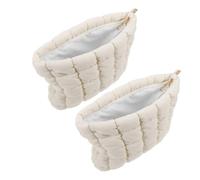 2pcs White Quilted Puffer Cosmetic Bag Portable Organizer for Women | Fabric, Compact Daily Use, Brushes and Lipstick Storage, Minimalist Style for Work and Travel