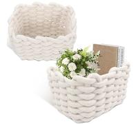 2Pcs White Woven Cotton Rope Storage Baskets Set, Handmade Thick Wicker Basketry Bins for Home Clean Girl Room Organization, Decorative Natural Textile Basket for Toys Books Laundry Storage Containers
