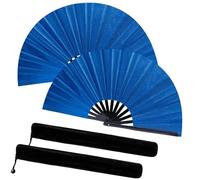 2PCS Wholesale 13IN Biscay Blue Large Popping Hand Fan for Line Dancing Clacking Premium Silk Boots On The Ground Hand Fan Chinese Rave Fan for Women Dancer Drag Queen Anyone in Party Beach