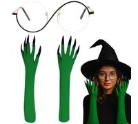 2Pcs Wicked Costumes, Wizard of Oz Inspired Witch Costume Accessories Set, Includes Green Gloves and Black Gold Frame Glasses for Halloween, Cosplay, Witch-Themed Events and Stage Performances