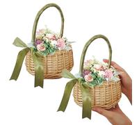 2Pcs Wicker Basket with Handle, Portable Harvest Basket with Ribbon Bow for Picnics, Fruit, Vegetable, Flowers, Organizing, Flower Girl Baskets