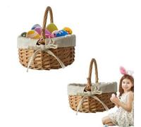 2PCS Wicker Picnic Basket, Easter Hamper Baskets For Kids, Easter Wicker Basket With Handle, Willow Woven Baskets With Removable Linen Lining, Fruit Picnic Woven Baskett For Candy Wine Egg Gathering