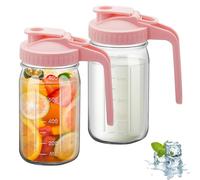 2Pcs Wide Mason Jar Pitcher,32oz Glass Pitcher with Lid Double Leak-proof with Handle Water Jug Wide Mouth Breast Milk Pitchers Fridge Container for Water, Juice (2, Pink)