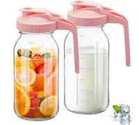 2Pcs Wide Mason Jar Pitcher,64oz Glass Pitcher with Lid Double Leak-proof with Handle Water Jug Wide Mouth Breast Milk Pitchers Fridge Container for Water, Juice (2, Pink)