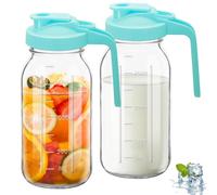 2Pcs Wide Mason Jar Pitcher,64oz Glass Pitcher with Lid Double Leak-proof with Handle Water Jug Wide Mouth Breast Milk Pitchers Fridge Container for Water, Juice (2, Blue)
