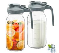 2PCS Wide Mason Jar Pitcher,Glass Pitcher with Lid Double Leak-proof with Handle Water Jug Wide Mouth Breast Milk Fridge Container for Water, Juice (2, Gray, 64 OZ)