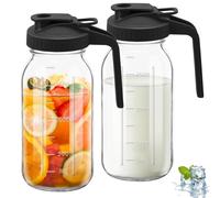 2PCS Wide Mason Jar Pitcher,Glass Pitcher with Lid Double Leak-proof with Handle Water Jug Wide Mouth Breast Milk Fridge Container for Water, Juice (2, Black, 64 OZ)