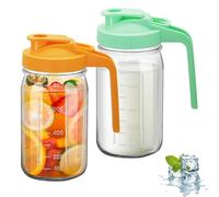 2PCS Wide Mason Jar Pitcher,Glass Pitcher with Lid Double Leak-proof with Handle Water Jug Wide Mouth Breast Milk Fridge Container for Water, Juice (2, Orange & Green, 32 OZ)