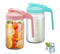 2PCS Wide Mason Jar Pitcher,Glass Pitcher with Lid Double Leak-proof with Handle Water Jug Wide Mouth Breast Milk Fridge Container for Water, Juice (2, Blue & pink, 32 OZ)