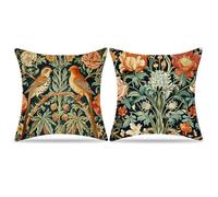 2Pcs William Morris Print Cushion Covers, 45x45cm Vintage Pillow Cases 2 Pack, Double Sided Green Floral Birds Pattern, Soft Throw Pillowcases for Sofa Couch Living Room Bench