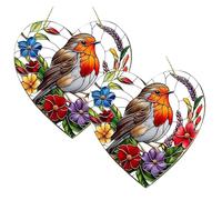 2Pcs Window Sun Catcher,Heart-Shaped Robin Bird Hanging, Stained Glass Effect Acrylic Ornament,Sun Catchers for Windows Beehive Home Indoor Outdoor Garden Decor