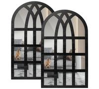 2Pcs Window Wall Mirror Wood Framed Wall Decor Vintage Rustic Arched Window Shape Mirror Sticker Decorative Farmhouse Entry Mirrors 26x44cm for Living Room Bathroom Bedroom(black)
