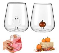 2PCS Wine Glass with Ghost Inside, Halloween Stemless Wine Glasses, Cute Ghost Pumpkin Bat Wine Glass, Funny Drinking Glasses, Stemless Icon Juice Glasses for Halloween Decor Family Friend Gift (SetA)
